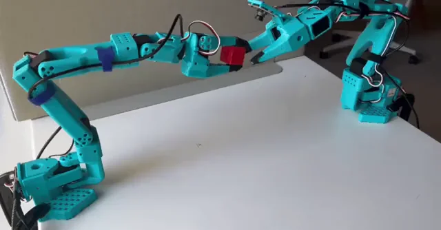 Real low-cost robot arm performing a teleoperated pick-and-place task